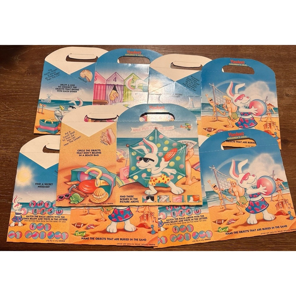 VTG Hardees Kids Meal Box 1989 Beach Bunnies Advertisement Rare Vintage Lot Of 5